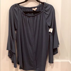 NWT Slate Blue Bell Sleeve Button Front Blouse